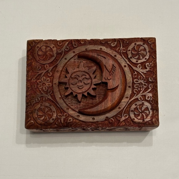 Carved Wooden Sun and Moon Hinged Box Red Velvet Lined Trinket Jewelry Box - Picture 2 of 5